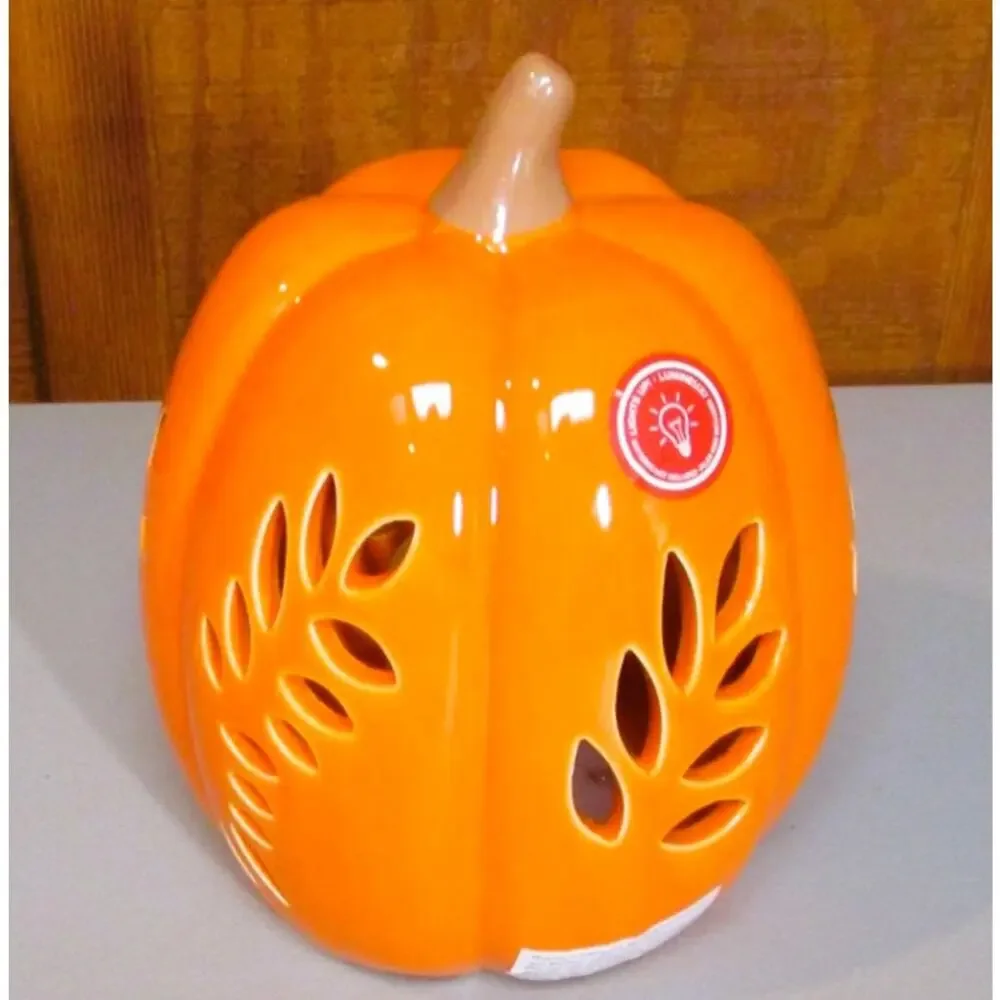 Orange Ceramic Pumpkin Light-Up Decor Autumn Accent 7-inches Tall Battery Power